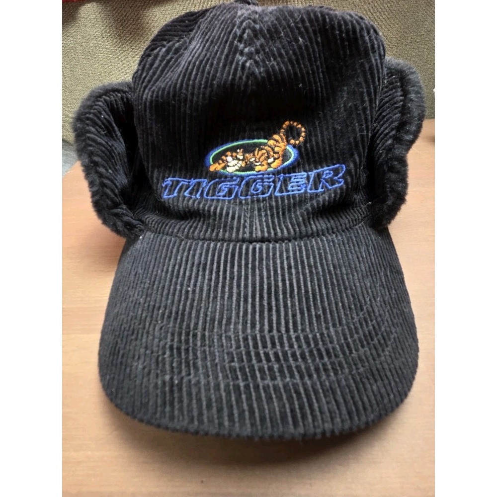 Disney Store Tigger Hat Adult Black Faux Fur Flap Cap Embroider Corduroy - Picture 1 of 6